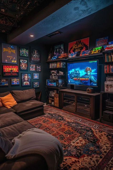 Looking for inspiration to design a moody man cave? Explore our curated ideas that masterfully blend dark, cozy aesthetics with modern touches. Whether it's integrating a bar for entertaining or showcasing sports collectibles, even small basements can become your personal haven. Mancave Room Ideas, Small House Decoration Ideas, Personal Movie Theater, Dark Style Interior Design, Movie Room Bar Ideas, Gaming Room Man Cave, Nerdy Basement Ideas, Rooms In Basement Ideas, Basement Gaming Area