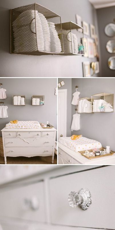 I really think wall storage is the way forward for us with the limited space available Feminine Nursery, Baby Room Storage, Baby Nursery Storage, Diaper Storage, Bedroom Contemporary, Baby Room Organization, Baby Storage, Bedroom Interiors, Boy Bedroom Design