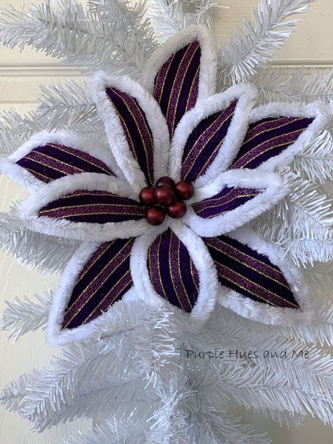 Fluffy Chenille Edged Poinsettia Stem 1:00 AM Gail @Purple Hues and Me chenille stem poinsettia, creative craft blog hop 6 commentsFluffy Chenille Edged Poinsettia Stem Poinsettia Diy How To Make, Diy Ribbon Poinsettia Flower, Pipe Cleaner Poinsettia, Wine Gifts Diy, Twine Flowers, Purple Crafts, Ribbon Wreaths, Christmas Place Cards, Making Flowers