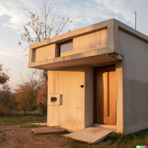 Brutalist House Exterior, Brutalist Exterior House, Concrete Small House, Concrete Building Architecture, Small Brutalist House, Brutalist Tiny House, Concrete Tiny House, Brutalist Outdoor Space, Concrete Cabin