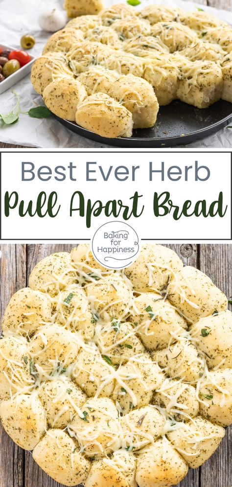 This pull apart bread with herb butter is the perfect side dish for barbecues & parties. Test out the yeast herb butter bread right away! Cheese Herb Bread, Herb Butter For Bread, Herb Pull Apart Bread, Herb Bread Recipe, Barbeque Side Dishes, Yeast Dough Recipe, Party Bread, Bubble Bread, Barbecue Sides