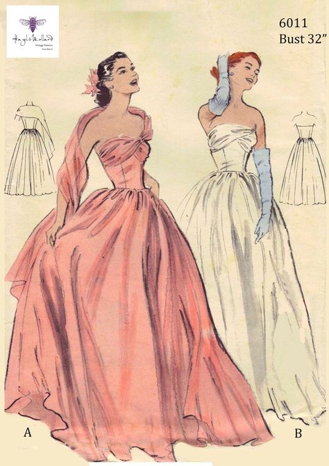 Dress Patterns Uk, 1950s Prom Dress, Vintage Fashion Sketches, Prom Dress Pattern, Gown Sewing Pattern, Vintage Ball Gowns, Evening Dress Patterns, 1950s Sewing Patterns, Strapless Evening Gowns