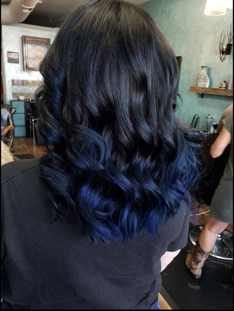 Blue Hair On Dark Brown Hair, Navy Blue Ombre Hair, Navy Blue Tips Hair, Dark Blue Balayage Hair Brunettes, Blue Black Balayage, Dark Blue Ombre Hair, Dark Blue Balayage Hair, Dark Hair With Blue Tint, Black Hair With Blue Undertones