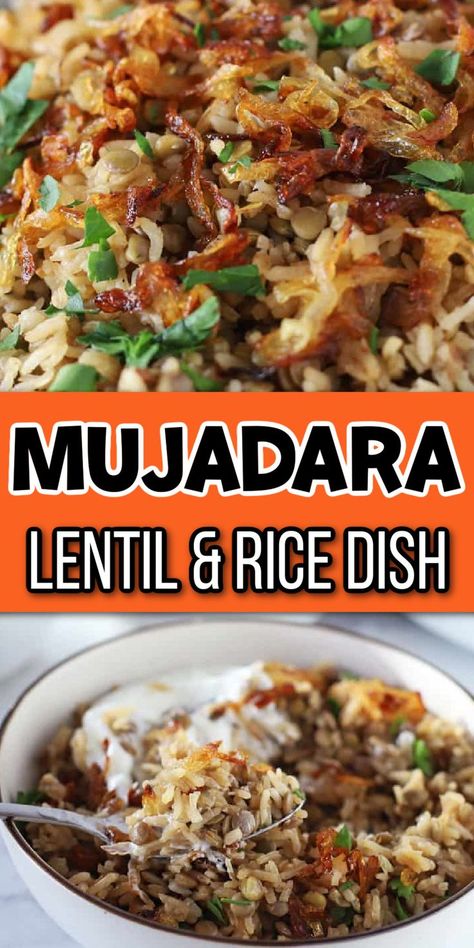 Bowl of rice and lentil dish with seasoning with Pinterest overlay. Rice And Lentils Recipe, Lebanese Rice, Mujadara Recipe, Lentil And Rice, Lentil Recipes Easy, Rice And Lentils, Rice Diet, Lentils Recipe, Indian Rice Recipes