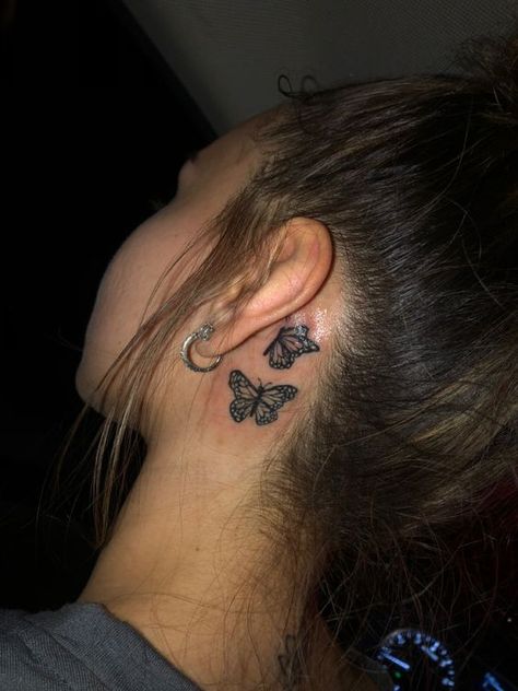 Behind Ear Tats Butterfly, Two Butterflies Tattoo Behind Ear, Behind Ear Tattoo Butterflies, 3 Small Butterflies Tattoo Behind Ear, Black Butterfly Neck Tattoo, Butterfly Tattoos Behind Ear, Butterflies Behind Ear Tattoo, Butterfly Tattoo Ear, Butterfly Behind Ear Tattoo