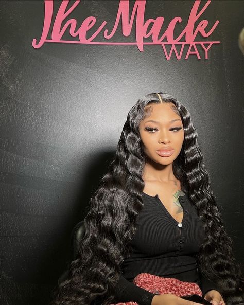 Long Crimped Wig, Brushed Out Crimped Hair, Crinkle Wigs Black Women, Crimps Lace Front Wig, Long Hair With Crimps Black Women, Long Black Crimped Hair, Middle Part Wig Crimps, Swoop Crimps, Wig Crimp Hairstyles