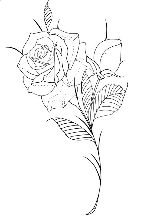 Rose With Stem Outline, Rose Stencil Outline, Rose Tattoo Design Outline, Rose Tattoo Stencil Outline, Rose Stencil Tattoo, Rose Tattoo Outline, Rose Outline Drawing, Rose Tattoo Leg, Rose Tattoo Stencil