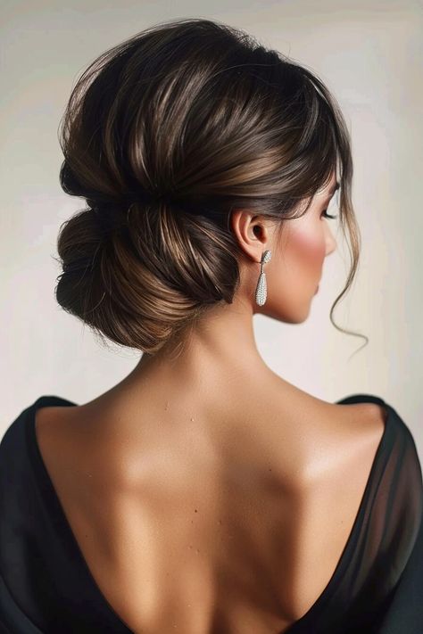 50 Trending Updos for Medium-Length Hair That Are Looking Perfect In 2025 Bridal Hair Low Bun Brunette, Elegant Pulled Back Hairstyles, Bridesmaid Updo Hairstyles Brunette, Updos For Wedding Mother Of The Bride, Black Tie Ball Hairstyles, Sophisticated Updo Hairstyles, Wedding Hairstyles Bun Classy, Mother Of Groom Hairstyles Updo, Med Length Updo Hairstyles