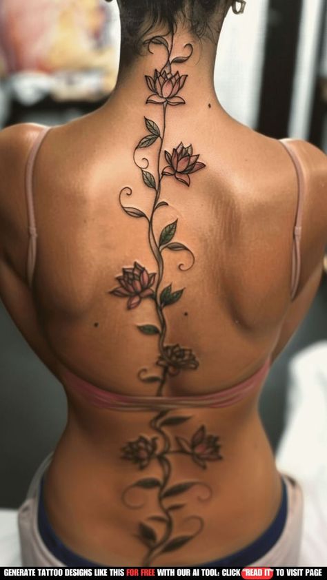 Back Tattoos Women Flower, Back Of Arm Tattoo Women Sleeve, Women Back Tattoo Ideas Unique, Best First Tattoo Ideas For Women, Big Spine Tattoos For Women, Garden Back Tattoo, 200 Tattoo Ideas, Lady Tattoos For Women, Woman’s Back Tattoo