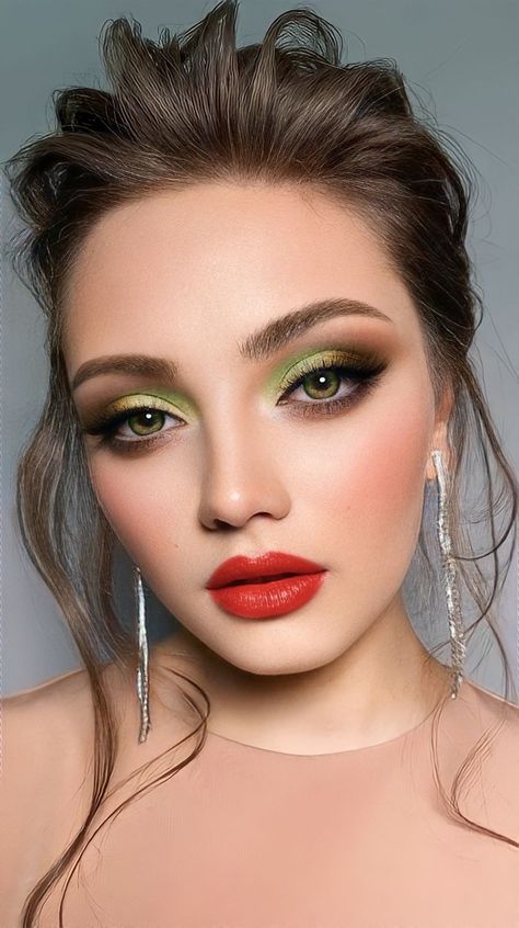 Makeup looks/ makeup ideas/eye makeup/eye shadow looks/ lips/ lipsticks/ liparts /hairstyles/ earrings /green/ Youcam makeup Green Eyeshadow Red Lips, Green Lipstick, Christmas Makeup Look, Makeup Tutorial Video, Green Eye, Green Eyeshadow, Beautiful Lashes, Makeup Tutorial For Beginners, Halloween Makeup Looks