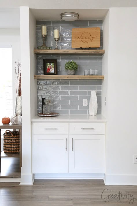 Wet Bar With Floating Shelves, Small Built In Bar, Bar With Floating Shelves, Small Wet Bar, Bar In Living Room, Functional Closet, Small Bars For Home, Wet Bar Ideas, Bar Nook