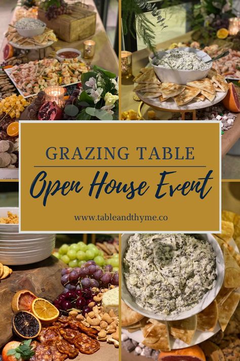 Grazing Table Idea for an Open House Event by Table and Thyme Open House Finger Food Ideas, Open House Brunch Ideas, Open House Lunch Ideas, Holiday Open House Menu Ideas, Birthday Open House Ideas, Wedding Open House Food Ideas, Open House Birthday Party Ideas, Business Open House Food Ideas, Grazing Table For 20 People