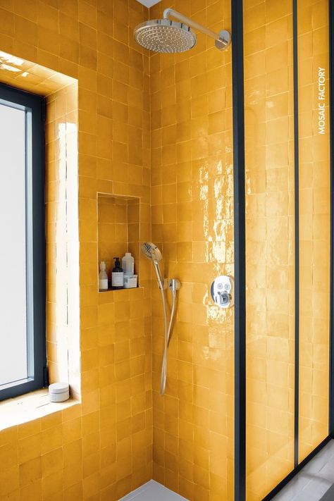 Yellow Tiled Bathrooms, 60s Inspired Bathroom, Yellow Shower Tile, Yellow Tiles Bathroom, Ochre Bathroom, Bathroom Tiles Vintage, Bathroom Yellow Tile, Zellige Bathroom, Yellow Tile Bathroom Ideas