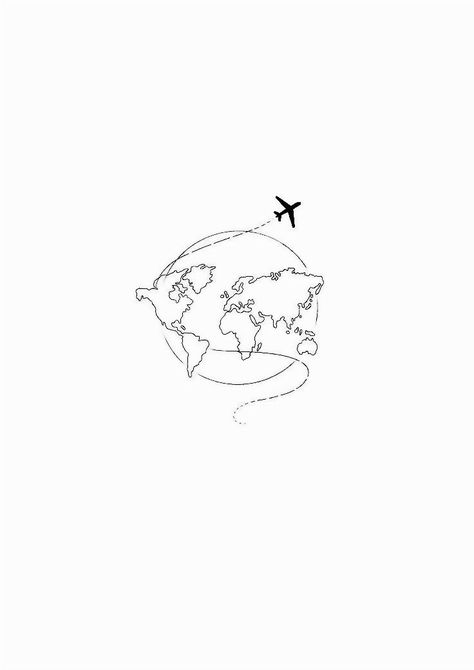 Small World Map Tattoo, World Outline Tattoo, World Map Outline Tattoo, Plane Around The World Tattoo, Tiny Globe Tattoo, Plane Outline Tattoo, Fine Line Earth Tattoo, Fine Line World Tattoo, Immigration Tattoo