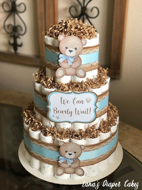 Boy Baby Shower Teddy Bear Theme, Diaper Cake Ideas For Boys, Diaper Cakes For Baby Boy, Bear Diaper Cake, Baby Shower Oso, Bear Baby Shower Cake, Bear Baby Shower Theme, Creative Baby Shower