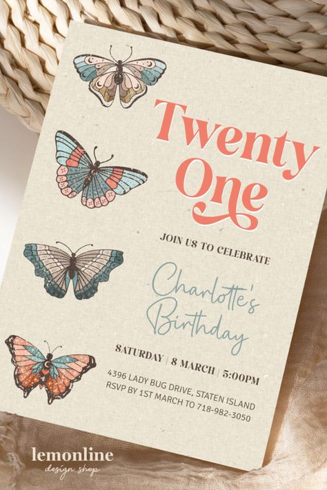 Get ready for your 21st birthday bash with our Butterfly Digital Invitation. It's a fun and easy way to invite your friends to join in the celebration. #21stbirthday #21stbirthdayparty #21thinvitation 21st Birthday Invite, Butterfly Invite, 21st Invitations, 21th Birthday, 21st Ideas, 21st Birthday Invitations, Party Finger Foods, Boho Birthday, Unique Birthday