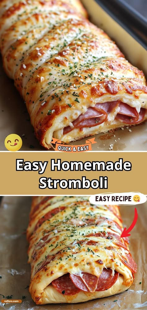 Roll up a slice of Italy with this Homemade Stromboli. Filled with layers of mozzarella, pepperoni, and bell peppers encased in a soft, pizza dough, this rolled delight is baked until golden brown. Serve it sliced with a side of marinara for dipping for a meal that's sure to please everyone at the table. #Stromboli #ItalianCuisine #Homemade Italian Pizza Rolls, Wraps Recipes Italian, Stromboli Dough Recipe Homemade, Easy Italian Stromboli, Dinner Roll Ups, Baking Recipes Lunch, Ham And Pepperoni Stromboli, Home Made Stromboli, Homemade Stromboli With Pizza Dough