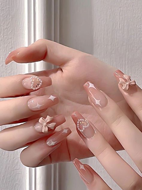 24pcs Long Coffin Gradient Star Pearl 3D Bow Decor Fake Nail False Nails Press Manicure Diy, Fake Nail, Nail Length, Pink Acrylic Nails, Orange Nails, Prom Nails, Cute Nail Designs, Diy Manicure, Nail Accessories