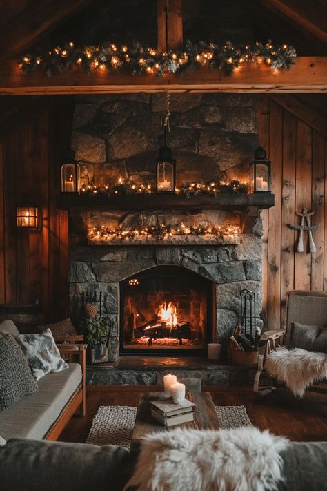 Magical Cabin Interior, Four Season Room With Fireplace, Cottage Core Fireplace, Dark Cottagecore House Interior, Antiques Living Room, Fireplace And Library, Whimsical Fireplace, Whimsical Cottage Interior, Cozy Winter Cabin Interior