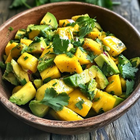 Avocado and Mango Salad Puerto Rican Avocado Salad, Mango Avocado Salad Recipe, Mango Dishes, Grey Lengha, Avocado Mango Salad, Mango Salad Recipe, Salad With Mango, Salad For Dinner, Light Soups