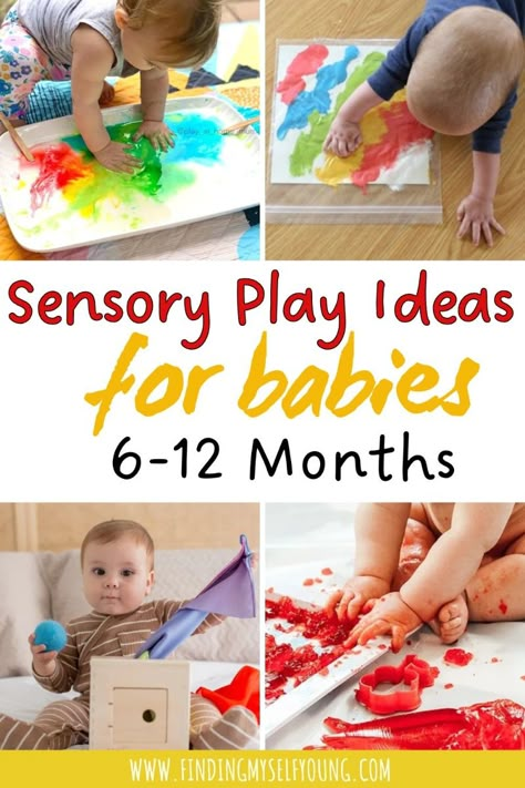 If you have a baby older than 6 months this post has heaps of fun sensory play activities that you can do at home with your baby. Sensory play will help babies develop cognitively, socially and emotionally. By helping them to discover different textures, colours, sounds and tastes you're helping develop their visual perception, spatial awareness, hand/eye coordination, fine motor skills, ability to self regulate their emotions and understand object permanence. Sensory Crafts For Infants, Sensory Play For Infants, 12 Month Sensory Activities, 6 Months Baby Activities Play Ideas, Colour Activities For Babies, 8 Month Old Sensory Play, 7 Month Sensory Activities, Sensory Stimulation For Babies, Sensory Activity For 5 Month Old