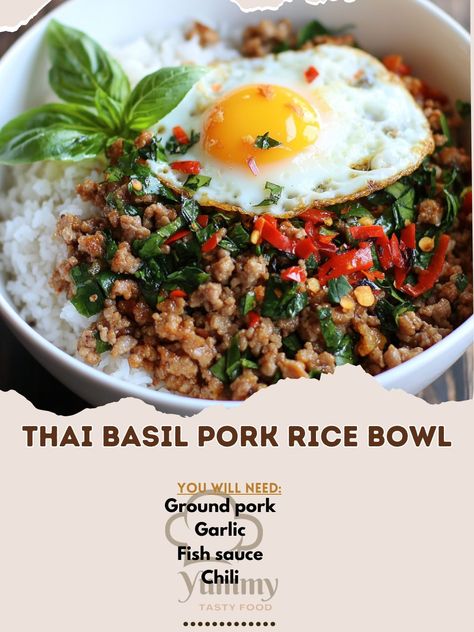 🍚🌿 Discover the rich flavors of our Thai Basil Pork Rice Bowl! A spicy and aromatic dish! 🌶️🍲 #ThaiCuisine Thai Basil Pork Rice Bowl Ingredients: Ground pork (1 lb) Garlic, minced (3 cloves) Chili, chopped (1) Fish sauce (2 tbsp) Soy sauce (1 tbsp) Sugar (1 tbsp) Fresh basil leaves (1 cup) Jasmine rice, cooked (2 cups) Fried egg (optional, for topping) Instructions: Sauté garlic and chili until fragrant. Add ground pork and cook until browned. Stir in fish sauce, soy sauce, and sugar. Mix... Thai Basil Pork, Basil Pork, Bowl Ingredients, Spicy Dishes, Thai Basil, Jasmine Rice, Basil Leaves, Rice Bowl, Ground Pork