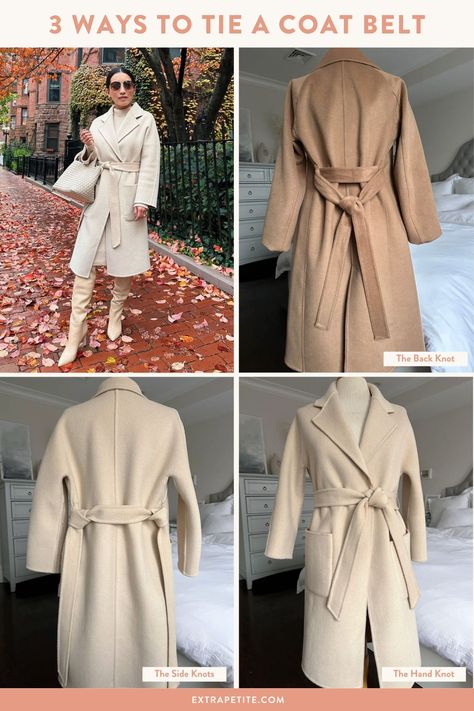 simple ways to tie the the sash on a belted coat // how to style a wrap coat tips and tricks Trench Coat Back Knot, How To Tie A Jacket Belt In The Back, Cream Belted Coat, How To Tie Long Coat Belt, Tying A Trench Coat Belt, How To Tie A Robe Belt, Trench Coat Tie, Wool Coat Belt, Tie Coat Belt Back