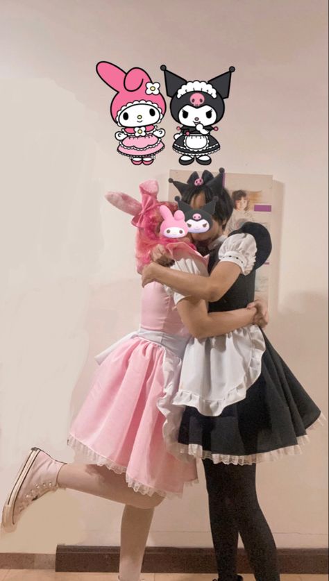 my melody and kuromi costume that i made with my girlfriend in halloween!! Hello Kitty Halloween Costume, My Melody Outfit, Kuromi Outfit, Hello Kitty Costume, Halloween Costumes 2022, Halloween Duos, Matching Halloween Costumes, Estilo Harajuku, Round Of Applause