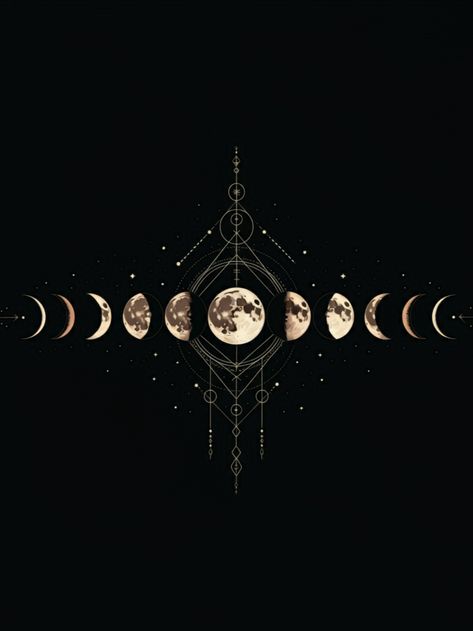 An artistic depiction of the phases of the moon in a symmetrical, geometric pattern, featuring crescent to full moons with celestial symbols on a dark background. Moonchild Aesthetic, Lovers Spiritual, Mystical Elements, Mists Of Avalon, Moon Phases Art, Three Witches, Celestial Magic, Lunar Phases, Lunar Phase