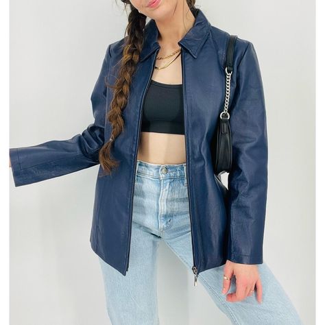 vintage navy dark blue leather jacket zip up size S... - Depop Navy Blue Leather Jacket Outfit, Blue Leather Jacket Outfit, Dark Blue Leather Jacket, Abroad Outfits, Navy Blue Leather Jacket, Navy Leather Jacket, Blue Leather Jacket, Leather Jacket Outfits, Vintage Room