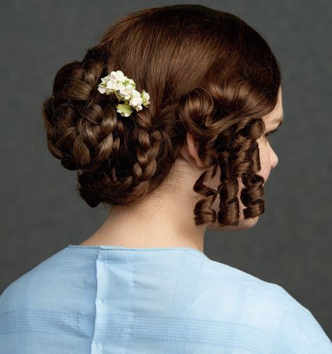 1840’s Dickens Era Hair, Early 19th Century Hairstyles, Christmas Carol Hairstyles, 1840s Hairstyles Women, Regency Hairstyles For Curly Hair, 1810 Hairstyles, 1830s Hairstyles, 1840s Hairstyles, 1850s Hairstyles