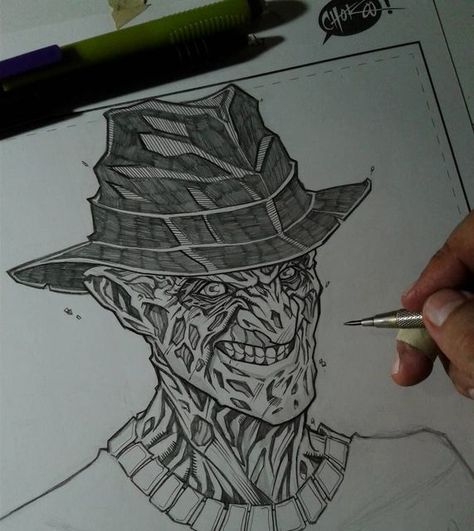 Drawings Of Freddy Krueger, Freddy Krueger Comic Art, Freddy Krueger Drawing Easy, Freddy Krueger Drawing, Gaming Tattoo, Comic Book Artwork, Skull Tattoo Design, Freddy Krueger, Drawing Easy