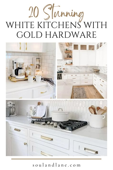 Step into the world of luxe and luminous kitchens with our guide to white cabinetry accented by gold hardware. This glamorous combination brings a touch of elegance and warmth to your cooking space, offering a refined backdrop highlighted by the soft glow of gold. Discover how to balance the brilliance of gold pulls, knobs, and faucets with the pristine beauty of white cabinets for a kitchen that's both inviting and chic. Explore styling tips and design inspirations to achieve a sophisticated ki Kitchen Ideas White Cabinets Gold Hardware, All White Kitchen With Gold Hardware, Golden Handles Kitchen, White And Gold Kitchen Lighting, Brushed Gold Kitchen Hardware White Cabinets, White Kitchen With Brass Accents, White Kitchen Cabinets With Gold Accents, Kitchen Remodel White And Gold, White Gold Marble Kitchen