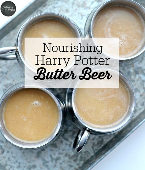 Nourishing Harry Potter Butter Beer {non-alcoholic} | Harry Potter fans, exchange your hot cocoa for this nourishing, non-alcoholic Harry Potter Butter Beer! It's full of Real Food ingredients and has a caramel-y, slighty salty, sweet, and creamy taste that just begs for a family movie night with healthy snacking! #allthenourishingthings #butterbeer #harrypotter #realfood #collagen Gut Food, Cabin Fun, Harry Potter Butter Beer, Butterbeer Recipe, Winter Favorites, Butter Beer, Paleo Drinks, Drink Recipes Nonalcoholic, Harry Potter Food