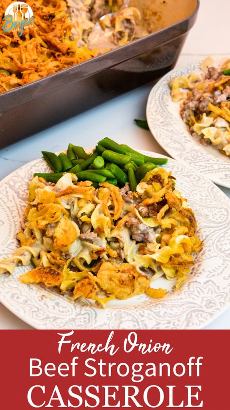 My family would eat hamburger helper every single night of the week. Ground beef is our favorite protein for meals in a hurry. However, when feeding a teenage boy who is incredibly active we need a lot of food just for him. Hearty casseroles are a must, and this French onion ground beef stroganoff casserole is going to be a new regular meal at our house. French Onion Ground Beef, Beef Stroganoff Casserole, Stroganoff Casserole, Crispy Fried Onions, Slow Cooker Pork Roast, Soup Noodles, Ground Beef Casserole Recipes, Ground Beef Stroganoff, Hearty Casseroles