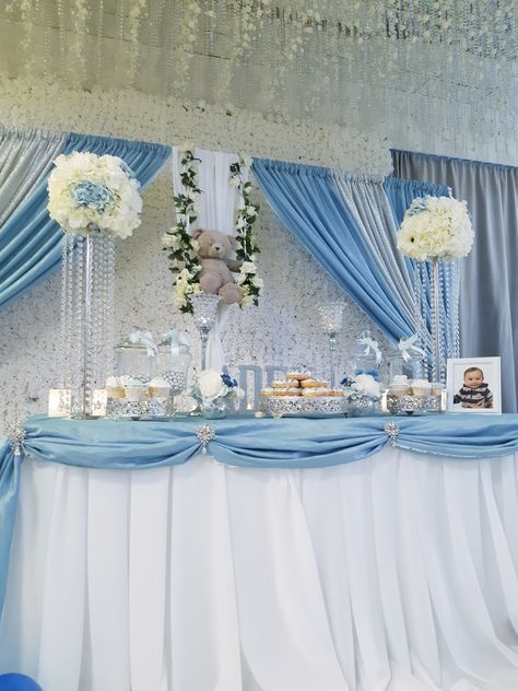 Blue And Silver Theme Party Decorations, Light Blue Candy Table, Dusty Blue Candy Table, Quinceanera Main Table Ideas Blue, Dusty Blue Quinceanera Decorations, Light Blue Sweet 16 Decorations, Light Blue Birthday Party Decorations, Light Blue Party Decorations, Blue Candy Table