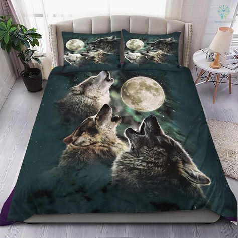 Wolf Howling Bedding Set #BeddingSet #wolf Wolf Bedroom, Howling Wolves, Hotel Bedding Sets, Under Moonlight, Themed Bedroom, Hotel Bed, Quilted Duvet, Wolf Howling, Bed Sets