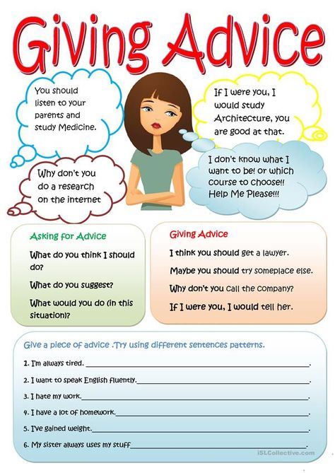 Giving advice - English ESL Worksheets for distance learning and physical classrooms Giving Advice Worksheet, Celpip Speaking, English Conversation Worksheets, Speaking Worksheet, Conversation For Kids, Values Clarification, English Vocabulary List, English Conversation For Kids, Speaking Activities Esl