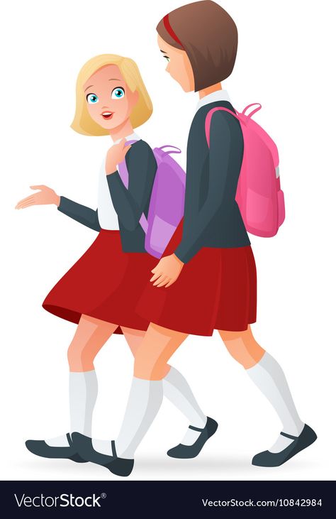 Two Girls Talking Drawing, Back To School Cartoon, Girls In Uniform, School Illustration, School Cartoon, Cartoons Png, Hijabi Outfits, Girls Uniforms, Girl Talk