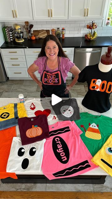 Handmade Happy Hour on Instagram: "10 No Sew & No Cricut Halloween Costume T-shirts to make with Fabric Mod Podge. You can get tees and Fabric Mod Podge at @michaelsstores 🎃

#halloween #halloweencostume #tshirts #halloweentshirt #modpodge #spookyseason #halloweendiy #groupcostume 

Halloween I Halloween Costume I DIY Halloween I no sew I Easy Halloween Costume Ideas" Crazy Shirt Day Ideas, Diy Halloween Tshirt Ideas, Diy Halloween Shirts For Kids, Tshirt Costume Ideas, Cricut Halloween Costume, Halloween Tshirt Ideas, Easy Halloween Costume Ideas, Tshirt Halloween Costumes, Diy Halloween Shirts