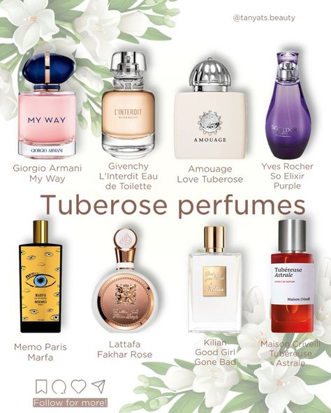 Soft, creamy, vibrant, or sweet like bubblegum — tuberose in perfumes can feel so different! Here are some of my favorite tuberose fragrances: ▫️ Giorgio Armani My Way — A huge bouquet of tuberose, feels modern and easily likable. ▫️ Givenchy L’Interdit Eau de Toilette — In this case, the tuberose note creates an illusion of fruits. To me, it smells like wild strawberry champagne. ▫️ Amouage Love Tuberose — A powerful creamy (from whipped cream and vanilla notes) tuberose scent. ▫️ Yves... Bubblegum Perfume, Amouage Perfume, Tuberose Perfume, Huge Bouquet, Armani My Way, Soft Woman, Perfume Storage, Classic Perfumes, Flower Perfume