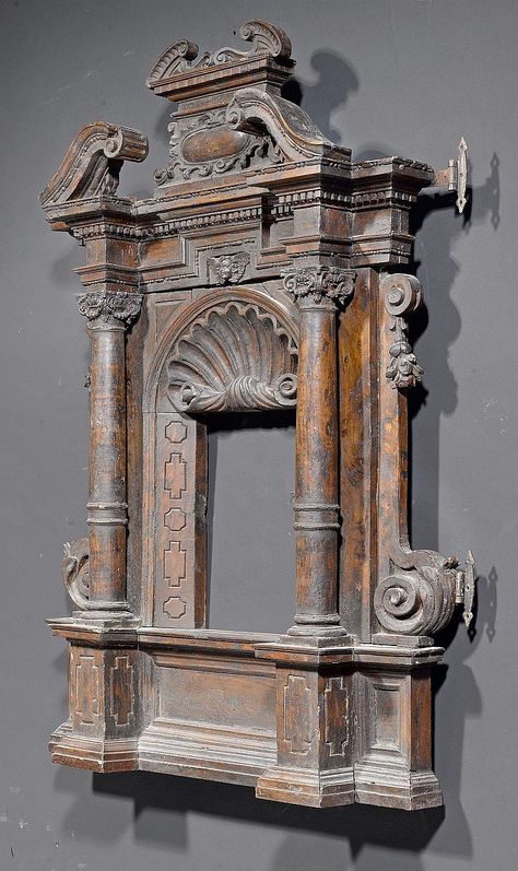 Tabernacle frame, Renaissance, Florence circa 1600 - Koller Auctions. Shaped and finely carved walnut. 29.5" h x 24" w Tabernacle Frame, Art Niche, Wood Carving Furniture, Church Furniture, Antique Picture Frames, 3d Cnc, Wooden Door Design, Ornate Furniture, Classic Architecture