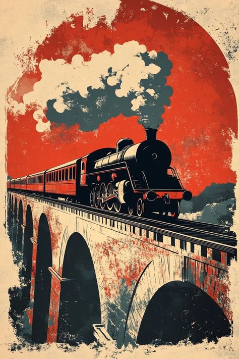 Tourist Poster, Train Illustration, Dramatic Sunset, Soviet Propaganda, Retro Style Posters, Train Posters, Propaganda Poster, Stone Bridge, Steam Train