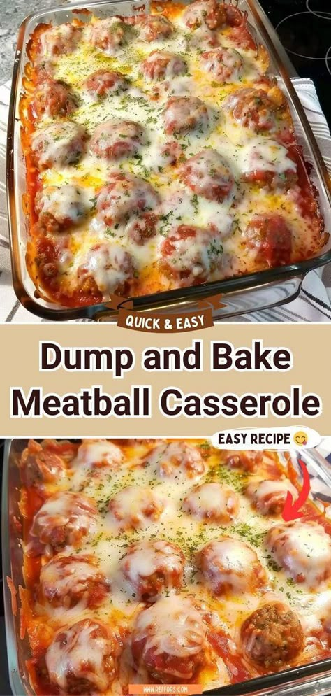 Imagine coming home to a warm, hearty meal that tastes like it took hours to make, but you know the secret – it's your go-to Dump-and-Bake Bake Meatball Casserole. This dish is the epitome of comfort food with minimal effort. Just layer your favourite pasta, succulent meatballs, and rich marinara sauce in a baking dish, sprinkle generously with cheese, and let the oven do the magic. #EasyDinners #ComfortFood #MeatballCasserole #SummerGrillingMenus Easy Group Dinner Recipes, Dump And Back Meatball Casserole, Meatball And Bowtie Pasta Casserole, Dump Bake Meatball Casserole, Meat And Sides Dinner Ideas, Meatball Noodle Casserole, Friday Night Supper Ideas, Birthday Dinners Ideas, Frozen Meatball Casserole