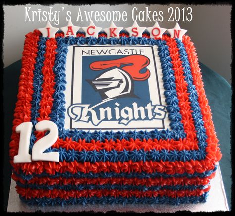 Newcastle Knight NRL cake edible image buttercream  Kristy's Awesome Cakes. Love the two color border. Muswellbrook, Australia Knight Party Decorations, Knights Party, Newcastle Brown Ale, Newcastle Knights, Cake Decorating Courses, Knight Party, Cake Story, Newcastle Nsw, Cupcake Wars