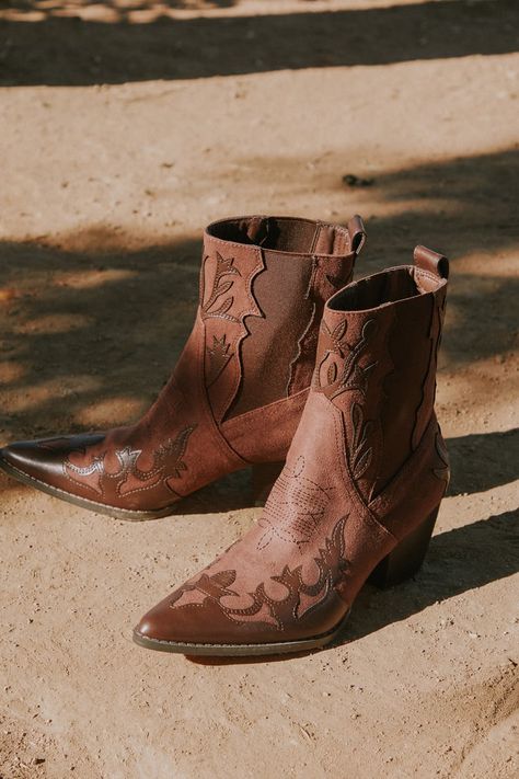 Cocktail Dress With Boots, Brown Western Boots, Leather Embroidery, Brown Cowboy Boots, Cowgirl Aesthetic, Faux Suede Boots, Embroidery And Stitching, Mid Calf Boots, Ivory Color