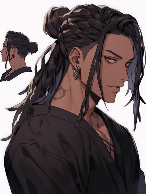 Long Hair Reference Male, Long Hair Man Character Design, Male Hair Designs Drawing, Blue Haired Oc Male, Manhwa Men Black Hair, Long Haired Men Art, Anime Man Long Hair, Cat Boy Character Design, Long Hair Men Anime