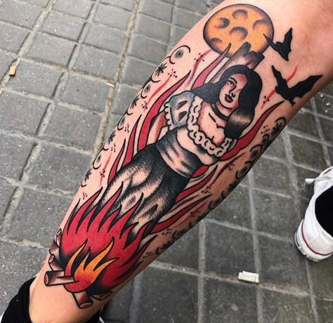 Burning Witch Tattoo, Burning Witch, Witcher Tattoo, Tim Burton Tattoo, Traditional Tattoo Inspiration, Throat Tattoo, Flame Tattoos, Traditional Tattoo Sleeve, Tattoo Color