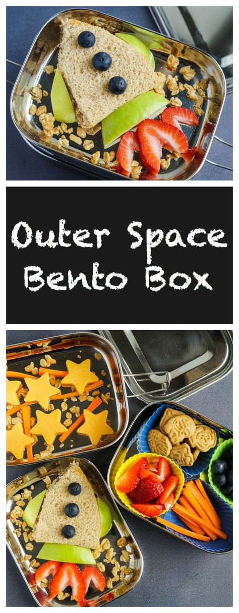 Outer Space Bento Box  #space #spaceship #bento #bentobox #lunch #sandwich #outerspace Space Lunch Ideas, Space Themed Lunch, Lunch Bento Box Ideas, Preschool Meals, Food Ideas Lunch, Galaxy Food, Bentobox Lunch, Bentgo Box, Themed Lunches