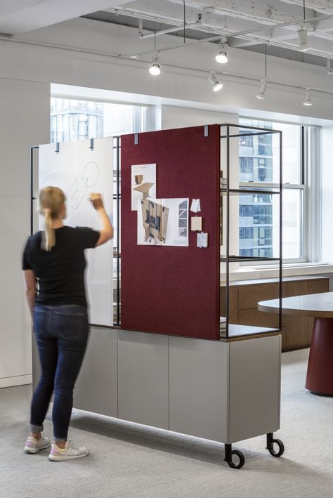 Click for preview of Flow Activity Wall | Marker Board In Use | Chicago Showroom Pressboard Walls, Marker Board Ideas, Office Information Board Design, Office Interactive Wall, Brainstorming Wall Office, Workstation Design, Activity Wall, Office Modular Workstation, Office Dividers